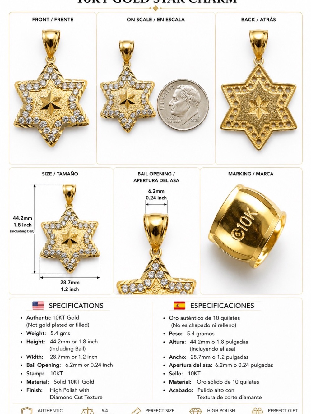10KT Gold Star Pendant Necklace Charm - Gold
